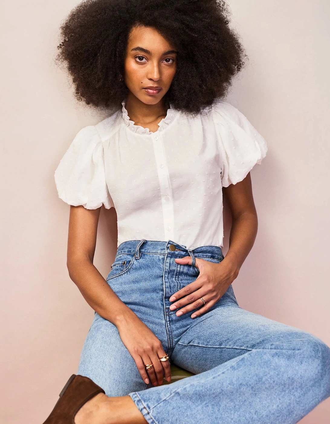 White Cotton Textured Puff Sleeve Shirt