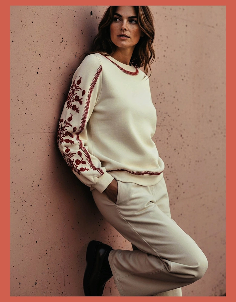 Catalina Embroidered Sweater In Cream