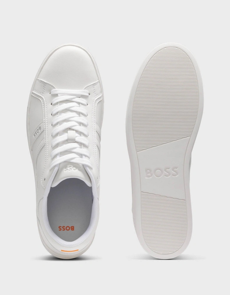 BOSS Orange Rhys Mens Logo-Trimmed Trainers in Faux Nappa Leather - White 100
