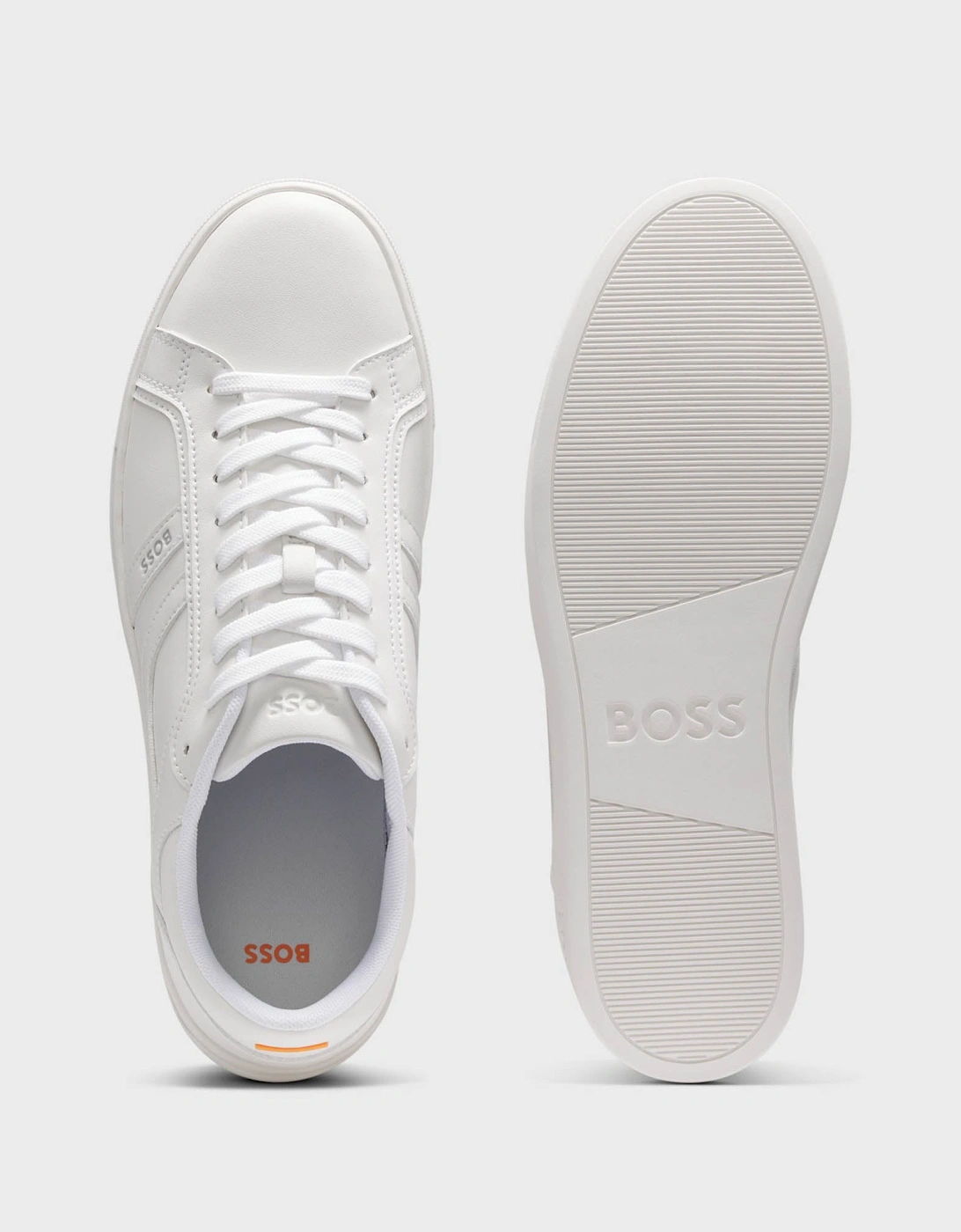 BOSS Orange Rhys Mens Logo-Trimmed Trainers in Faux Nappa Leather - White 100