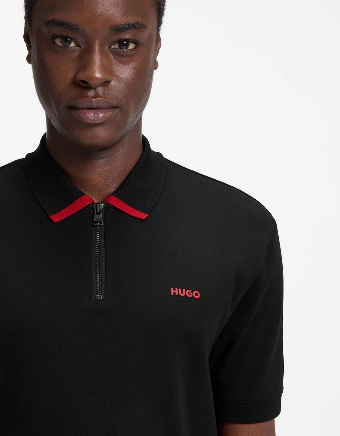 HUGO Dalomino Mens Short Sleeve Zip Placket Polo Shirt with Contrast Logo - Black 002