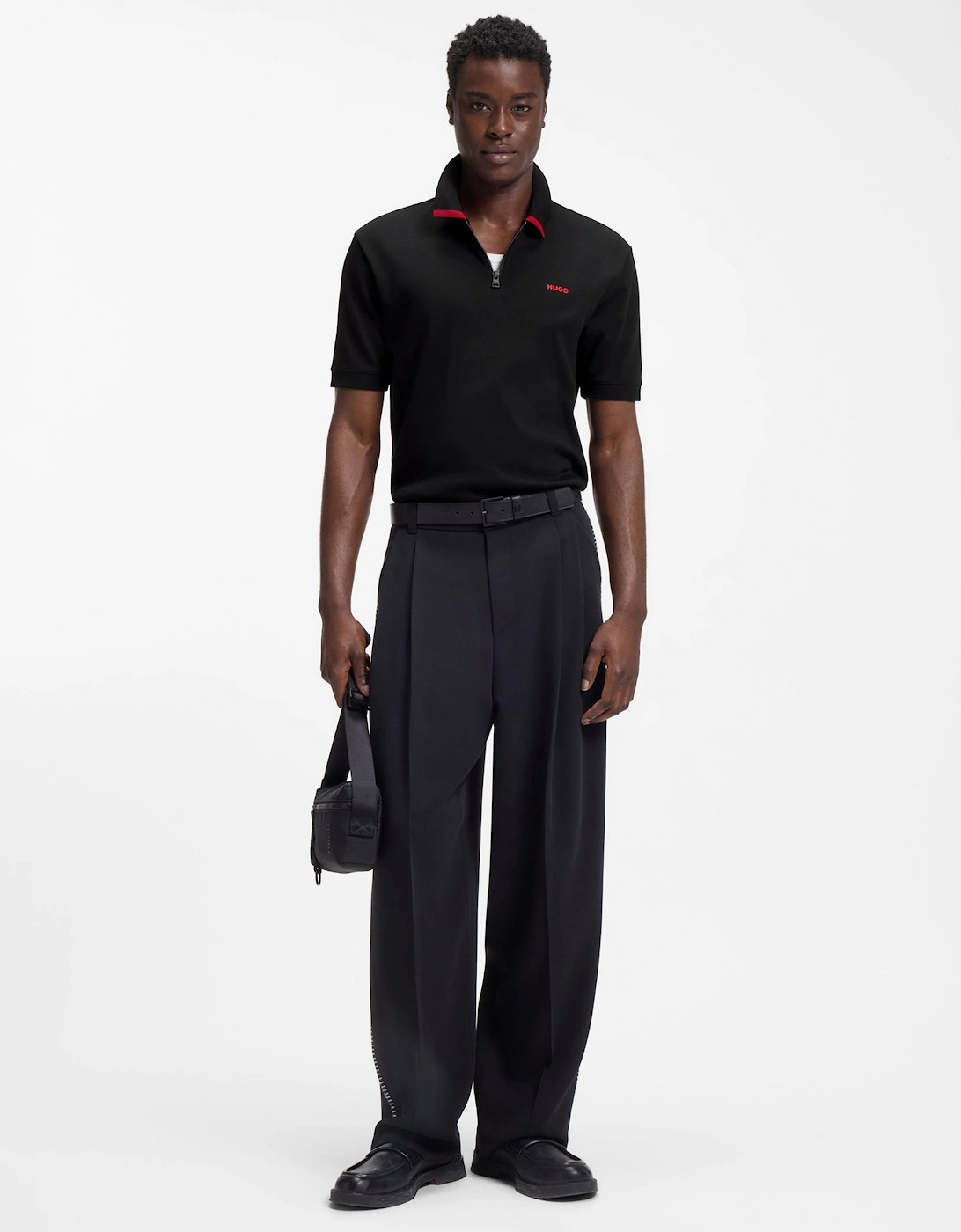 HUGO Dalomino Mens Short Sleeve Zip Placket Polo Shirt with Contrast Logo - Black 002