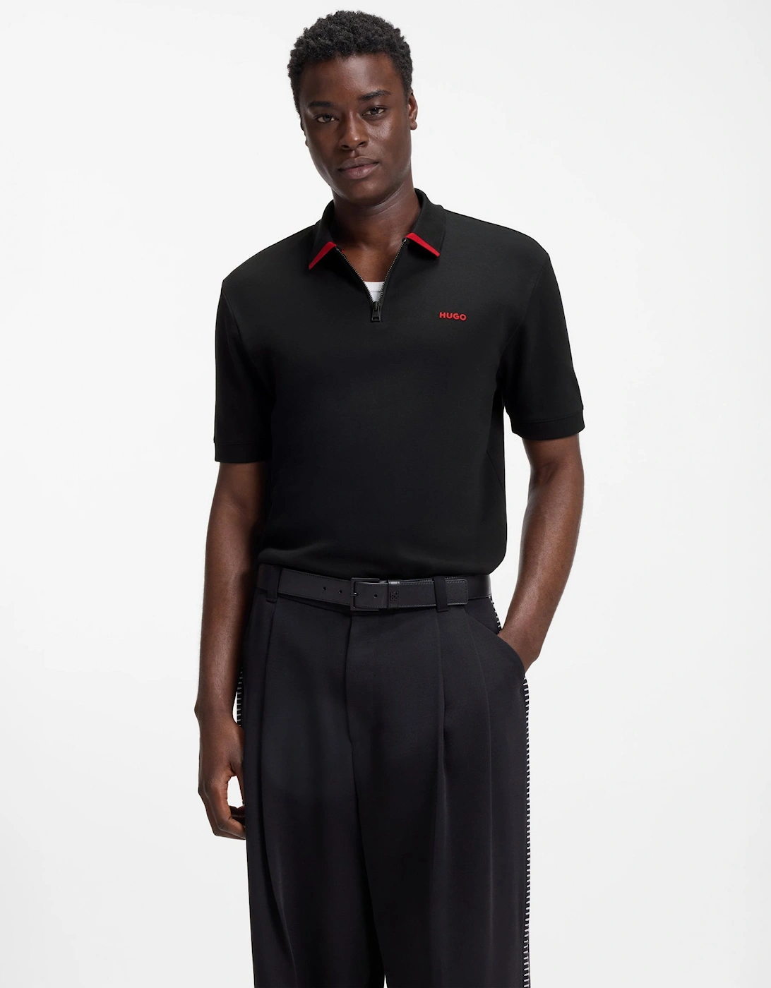 Hugo Boss Men's Black Hugo Dalomino Short Sleeve Zip Placket Polo Shirt With Contrast Logo - 002 - Size: 40
