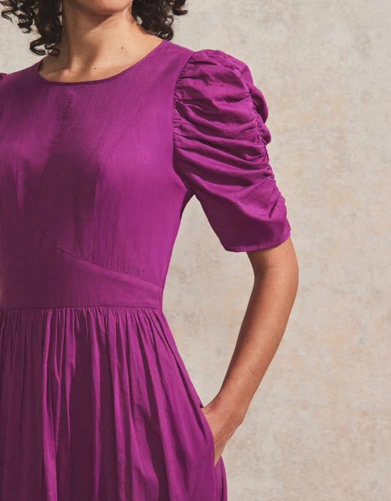 Magenta Gathered-Sleeve Cotton Voile Midi Dress