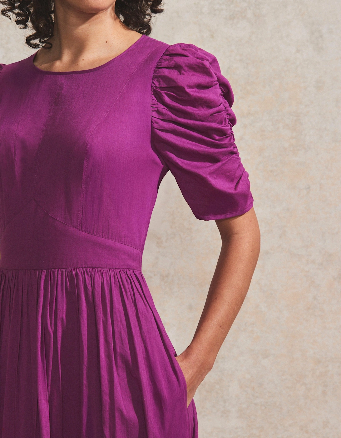 Magenta Gathered-Sleeve Cotton Voile Midi Dress