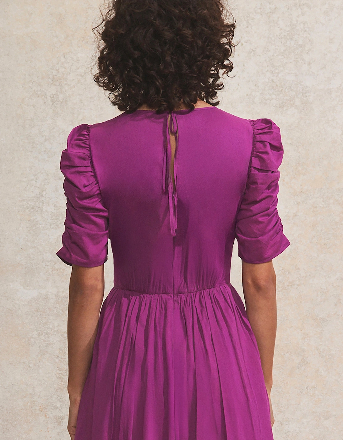 Magenta Gathered-Sleeve Cotton Voile Midi Dress