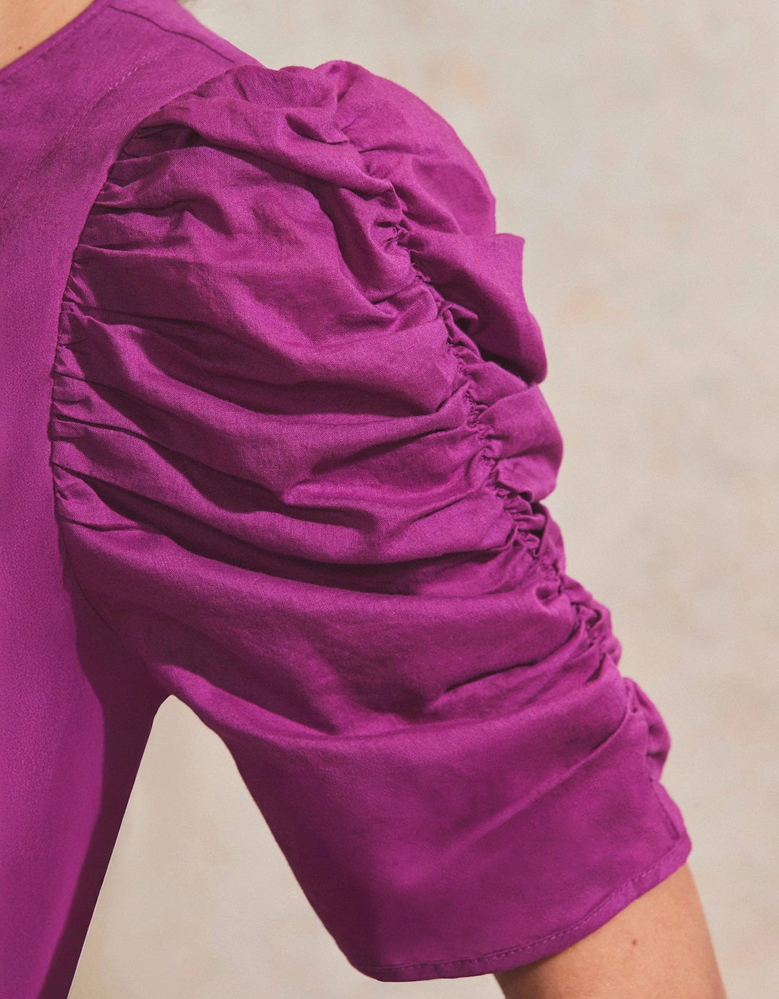 Magenta Gathered-Sleeve Cotton Voile Midi Dress