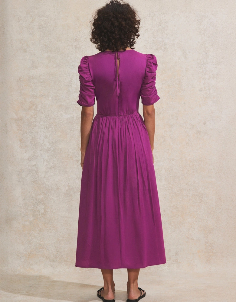 Magenta Gathered-Sleeve Cotton Voile Midi Dress