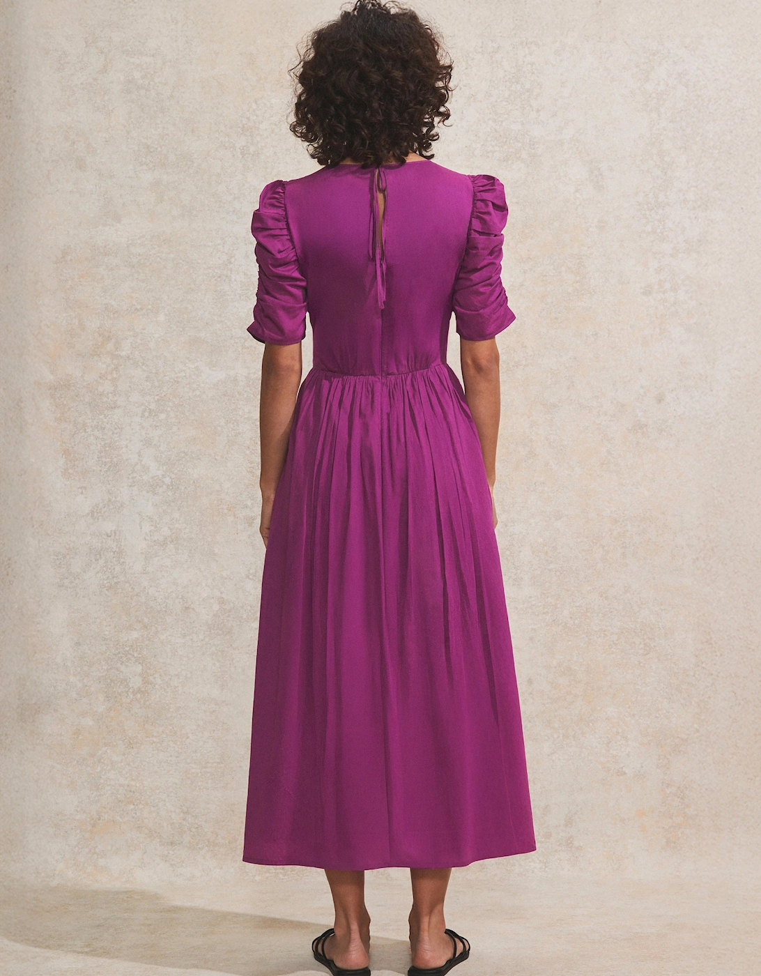 Magenta Gathered-Sleeve Cotton Voile Midi Dress