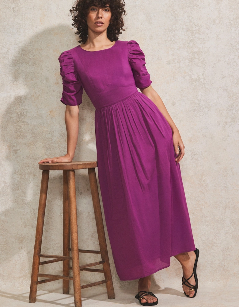 Magenta Gathered-Sleeve Cotton Voile Midi Dress
