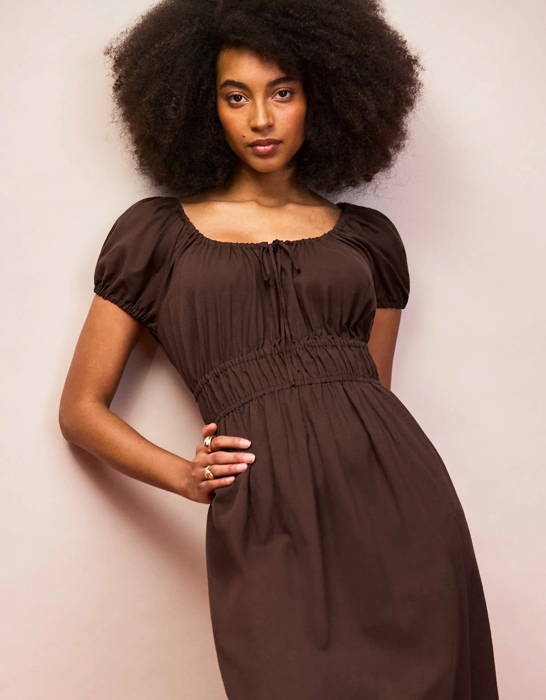 Petite Brown Gathered Neck Cotton Dress