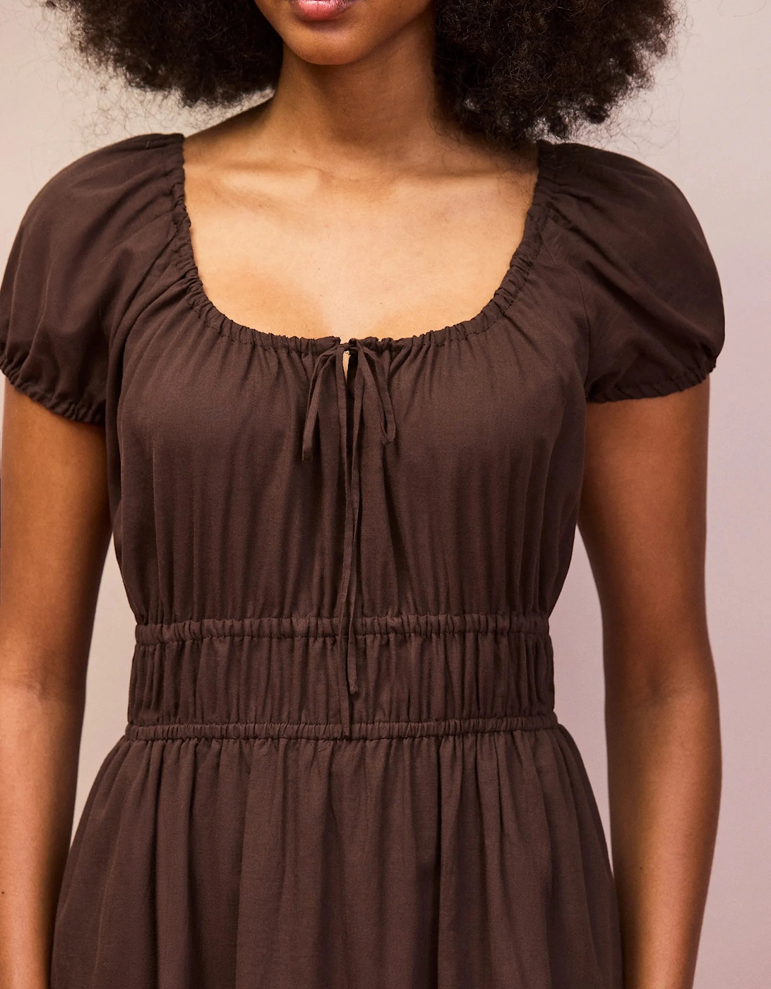 Petite Brown Gathered Neck Cotton Dress
