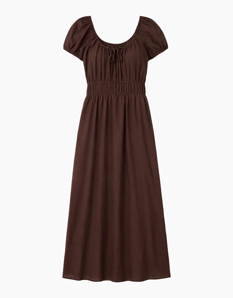 Petite Brown Gathered Neck Cotton Dress