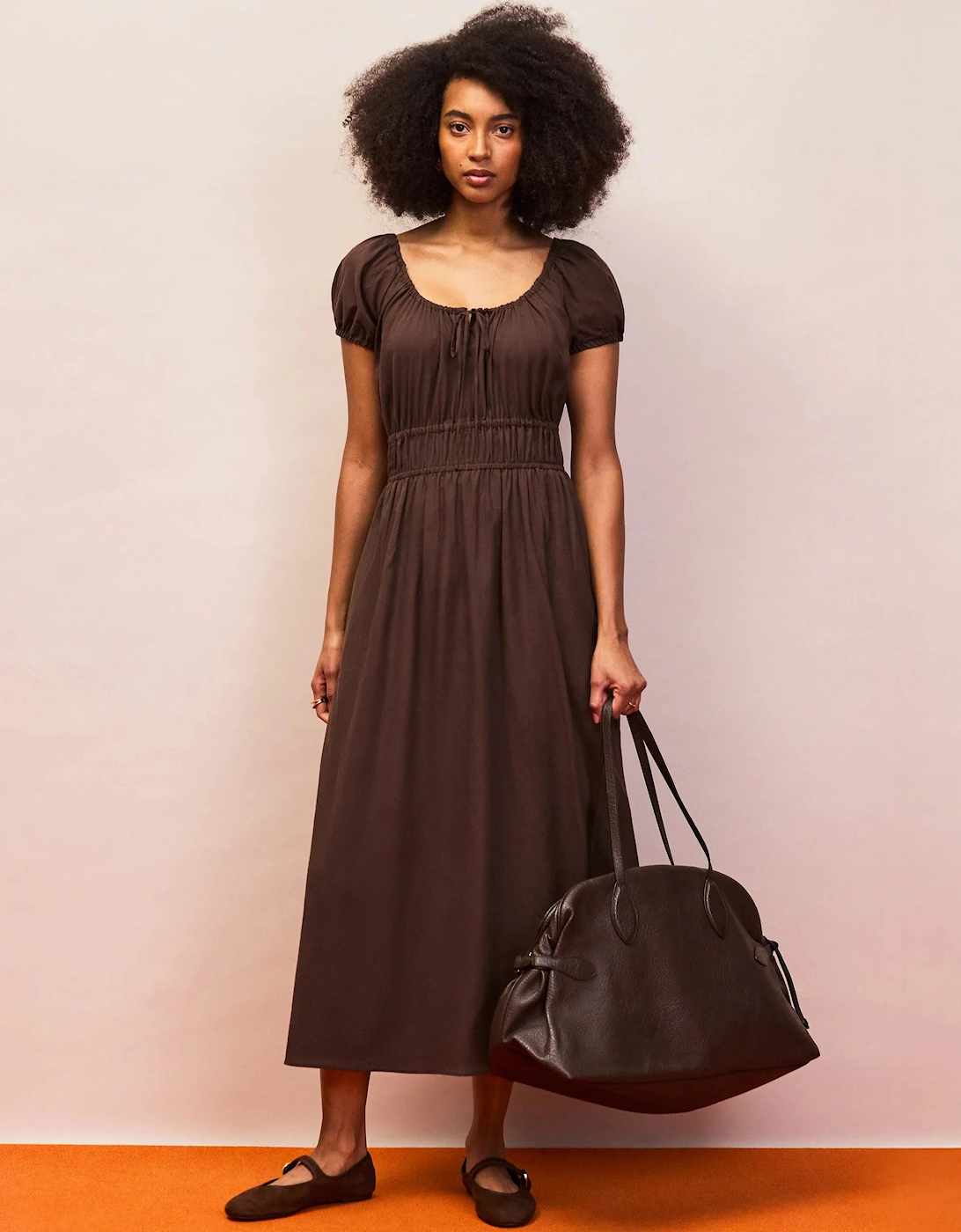 Petite Brown Gathered Neck Cotton Dress