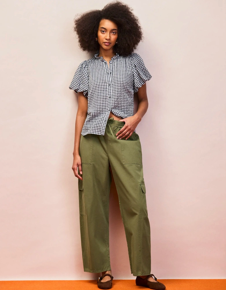 Navy Gingham Gathered-Sleeve Shirt