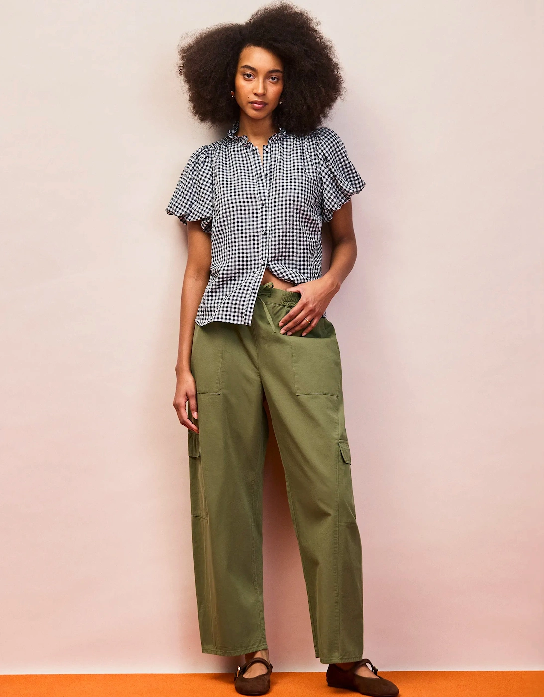 Navy Gingham Gathered-Sleeve Shirt