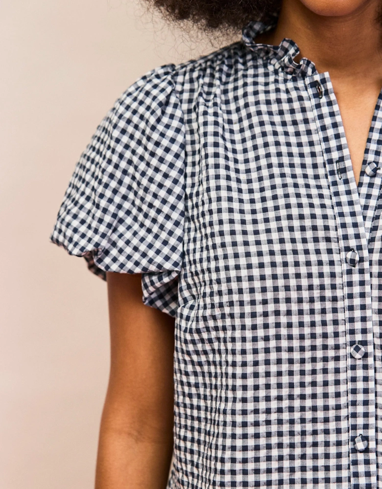 Navy Gingham Gathered-Sleeve Shirt