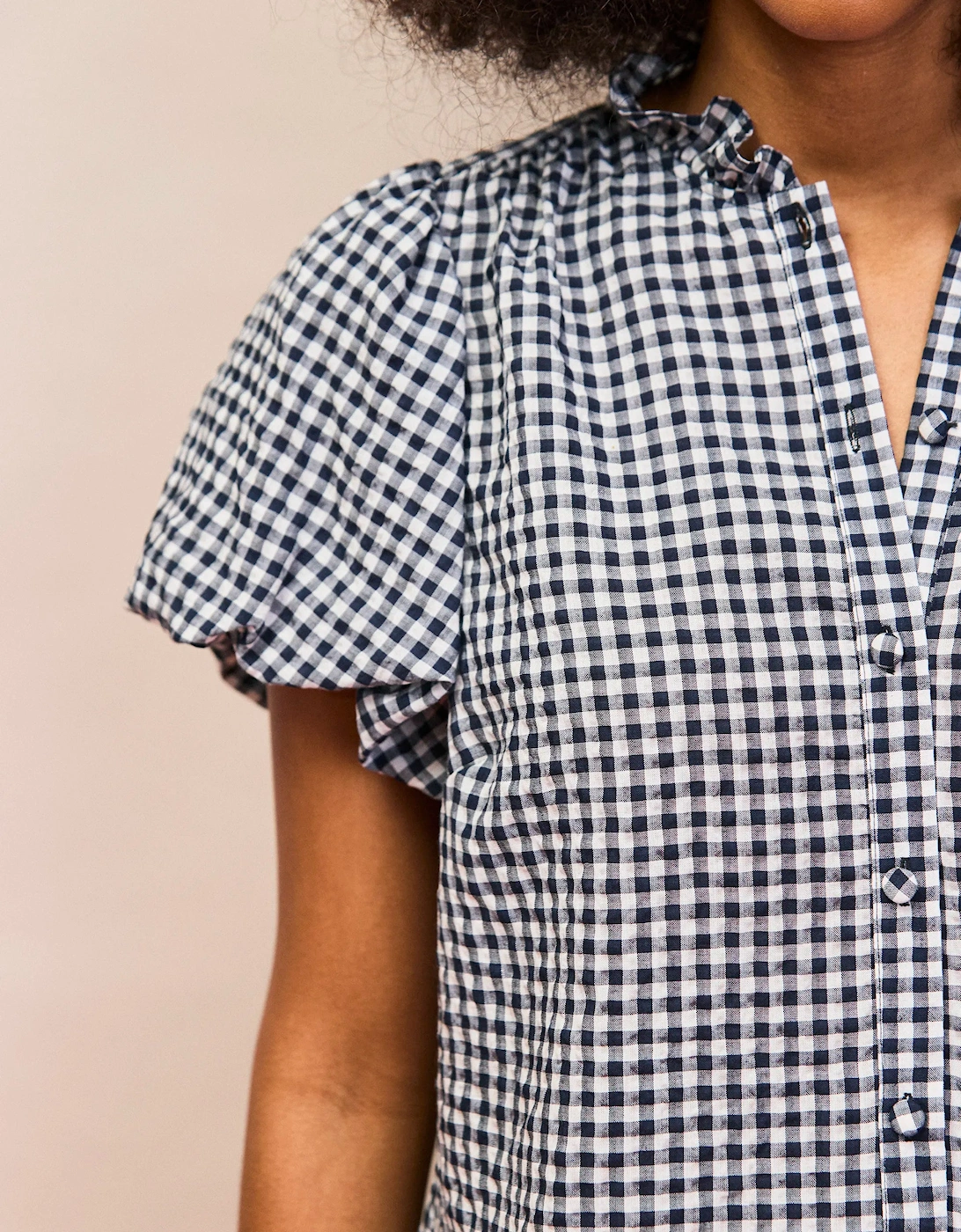 Navy Gingham Gathered-Sleeve Shirt