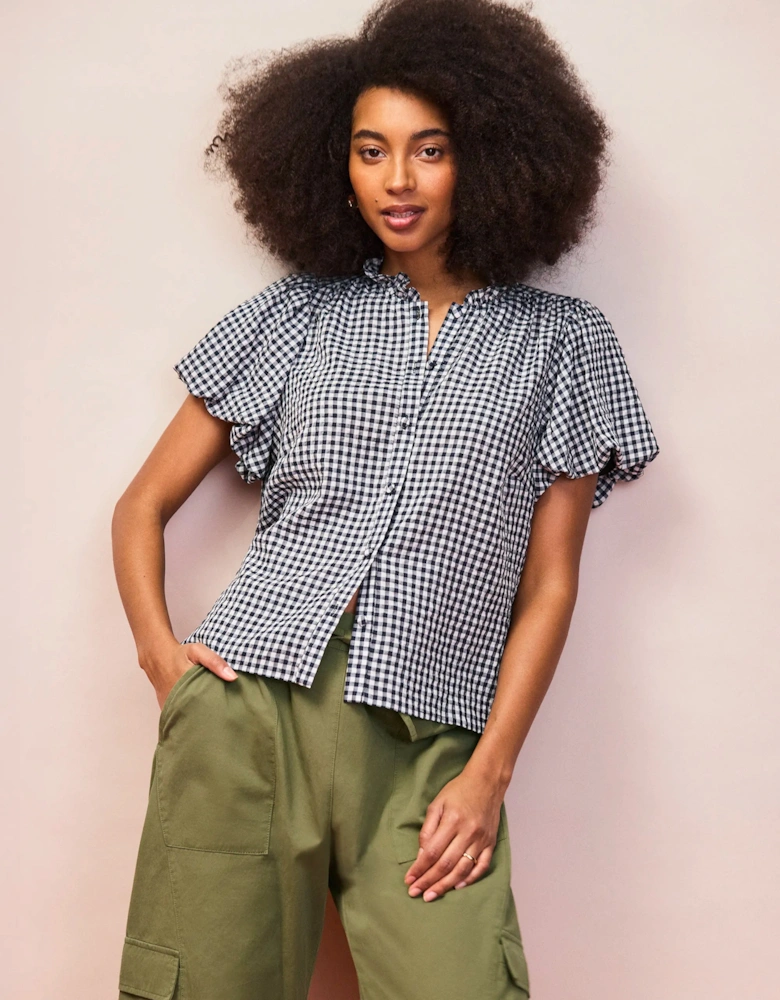 Navy Gingham Gathered-Sleeve Shirt