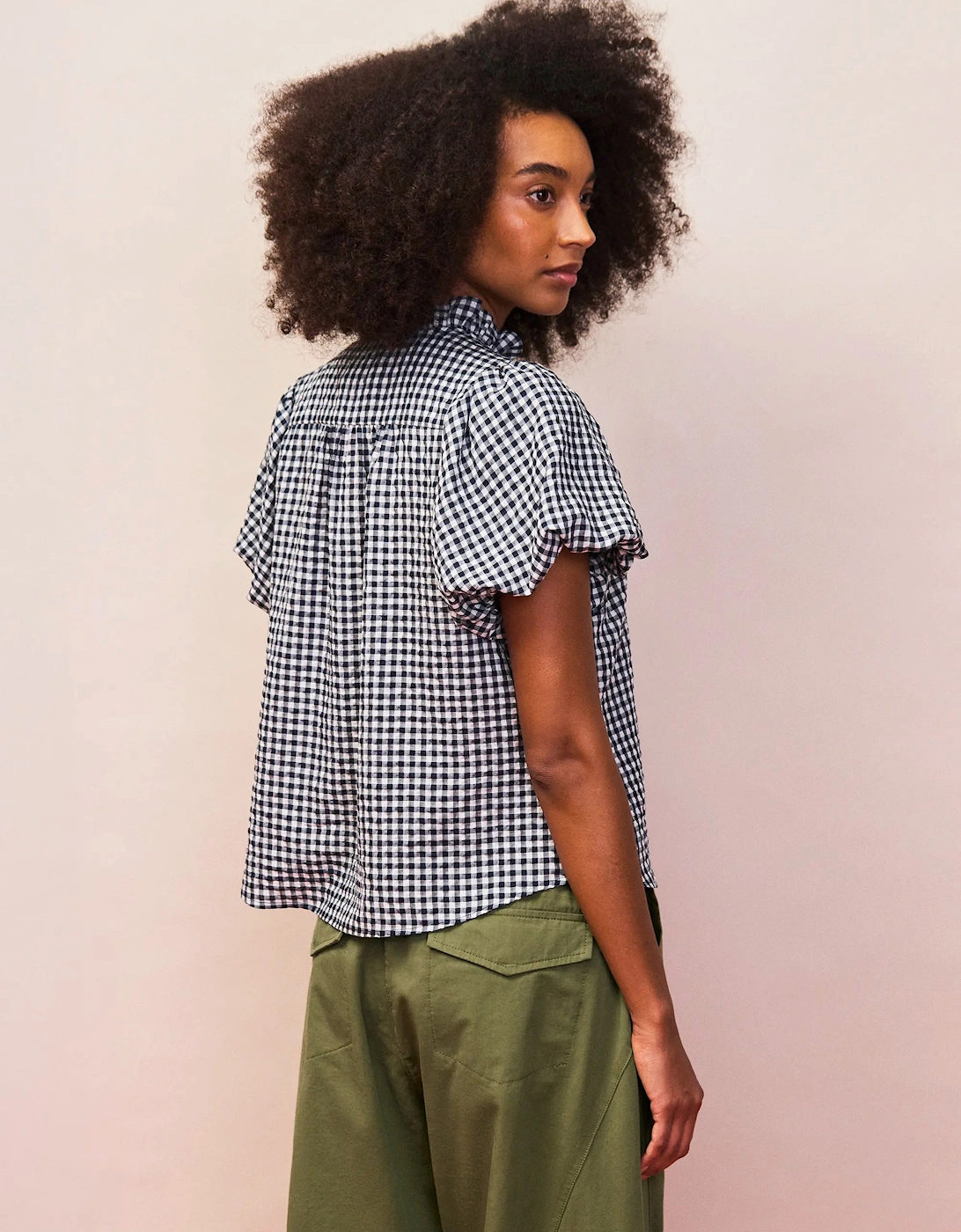 Navy Gingham Gathered-Sleeve Shirt