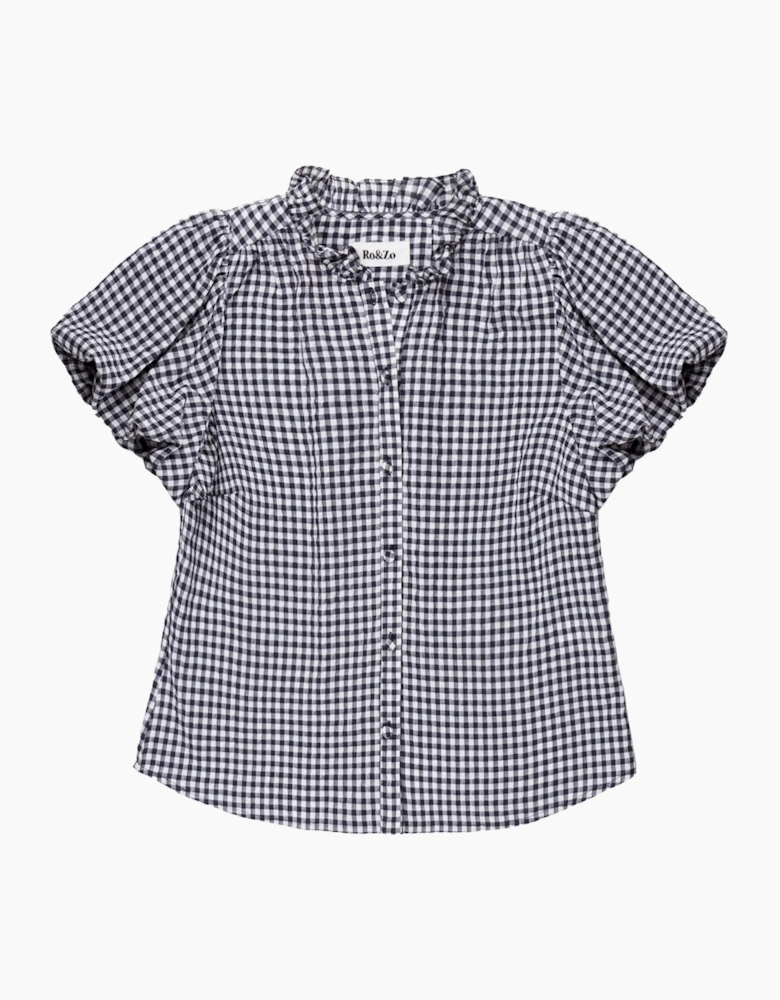 Navy Gingham Gathered-Sleeve Shirt