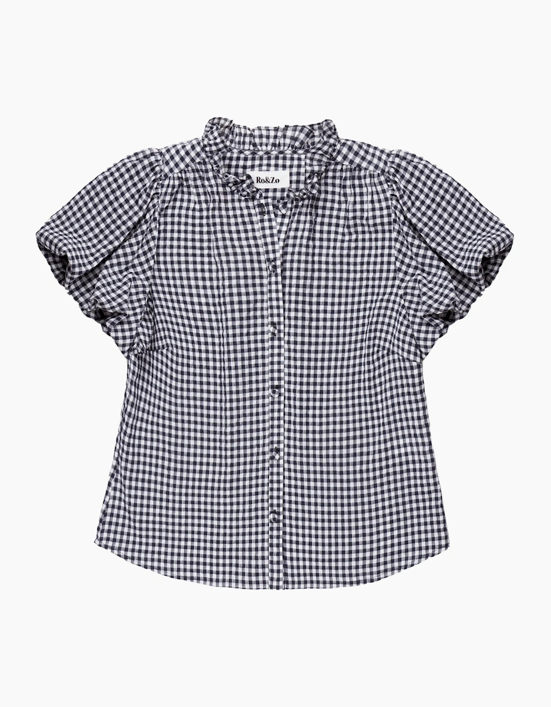 Navy Gingham Gathered-Sleeve Shirt