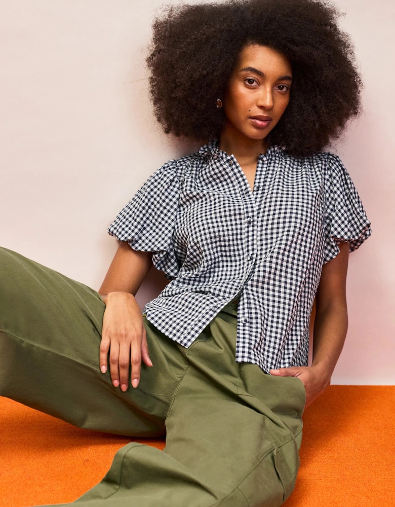 Navy Gingham Gathered-Sleeve Shirt