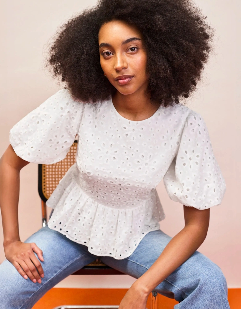 White Broderie Anglaise Cotton Gathered-Sleeve Top
