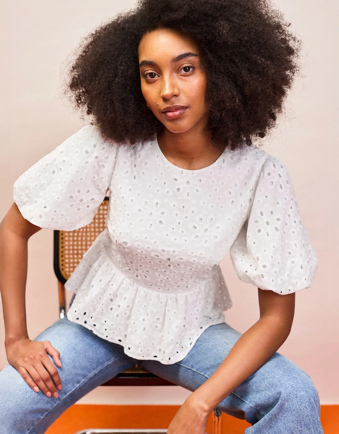 White Broderie Anglaise Cotton Gathered-Sleeve Top