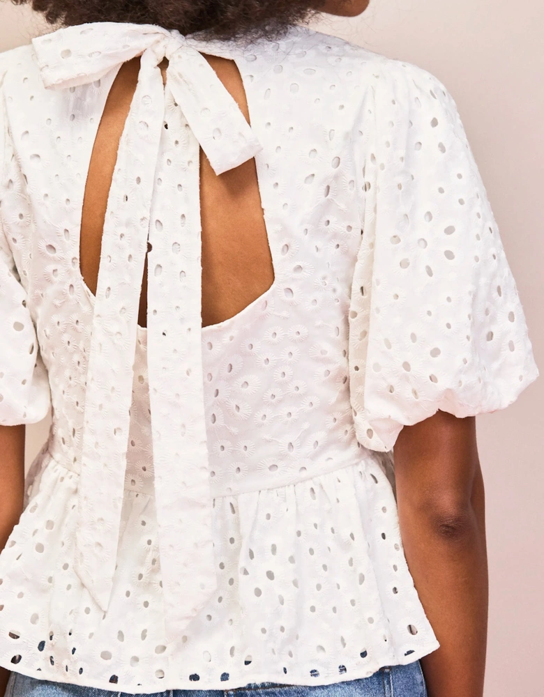 White Broderie Anglaise Cotton Gathered-Sleeve Top