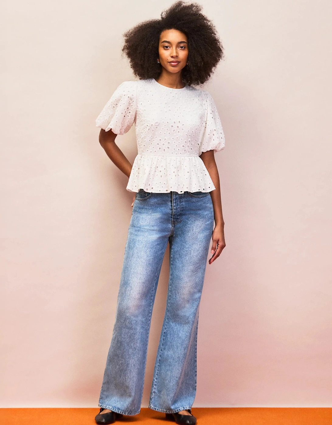 White Broderie Anglaise Cotton Gathered-Sleeve Top