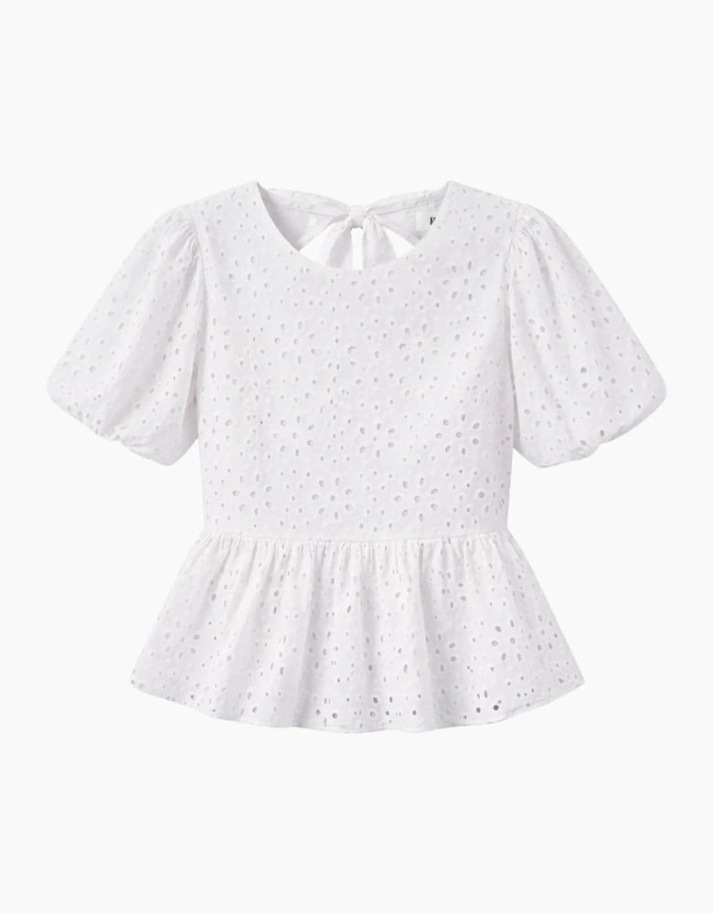White Broderie Anglaise Cotton Gathered-Sleeve Top