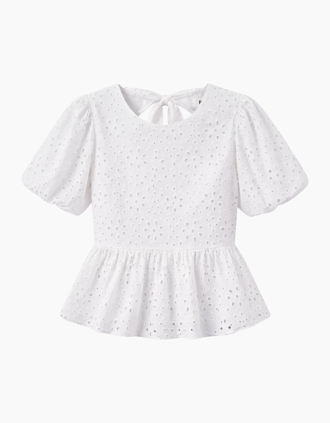 White Broderie Anglaise Cotton Gathered-Sleeve Top