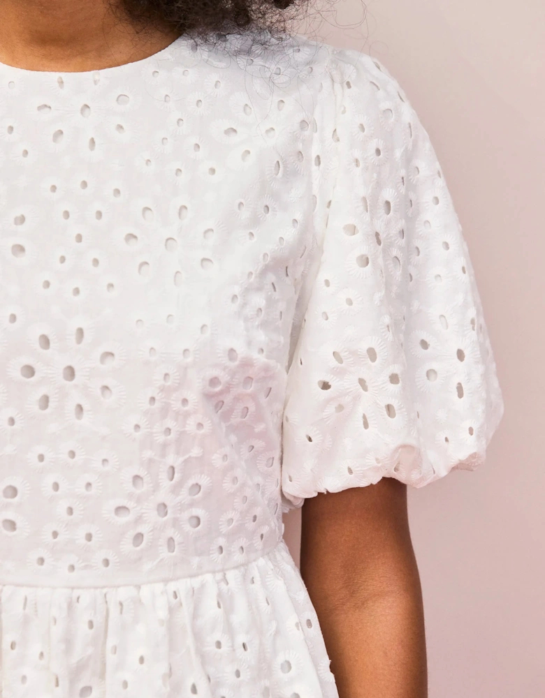 White Broderie Anglaise Cotton Gathered-Sleeve Top