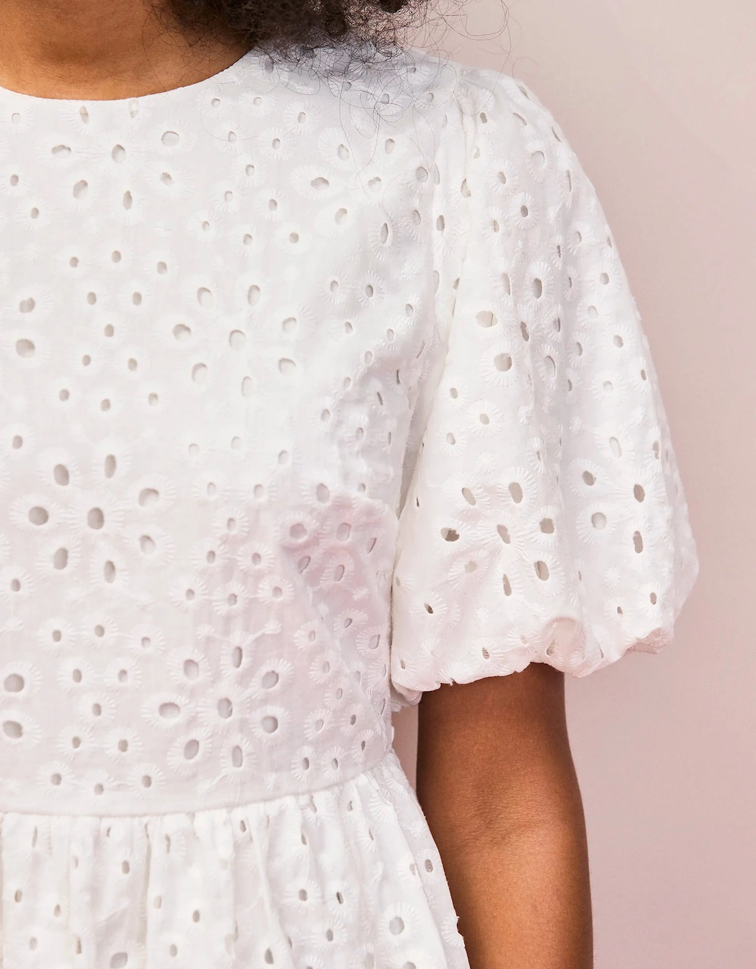 White Broderie Anglaise Cotton Gathered-Sleeve Top