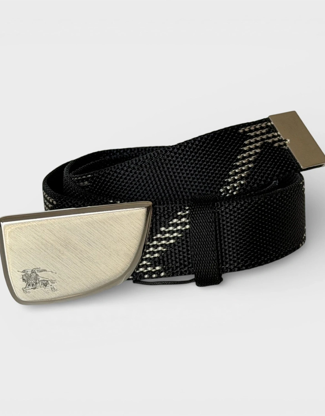 Burberry Men's Black Metal Buckle Shield Webbing Silver Belt  95Cm