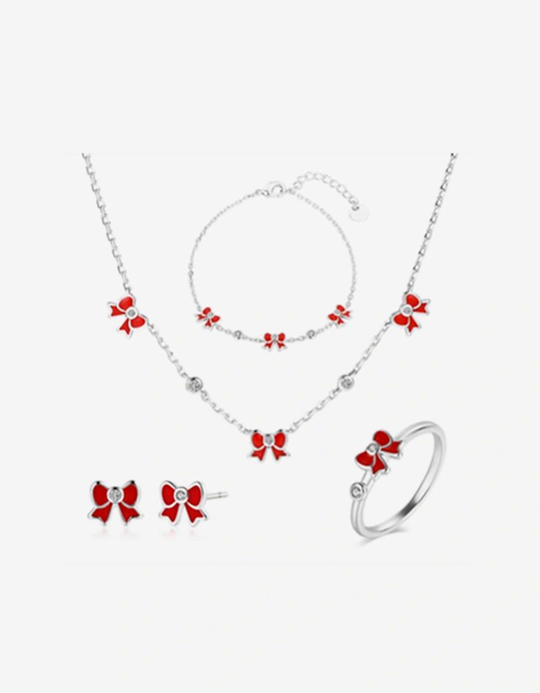 Girls Red Bow 5 Piece Jewellery Set in Silver (40cm)