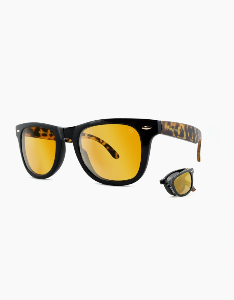 Agent Wayfarer style Folding Black and Tortoiseshell Frame and gold Lens Sunglasses RR14-2