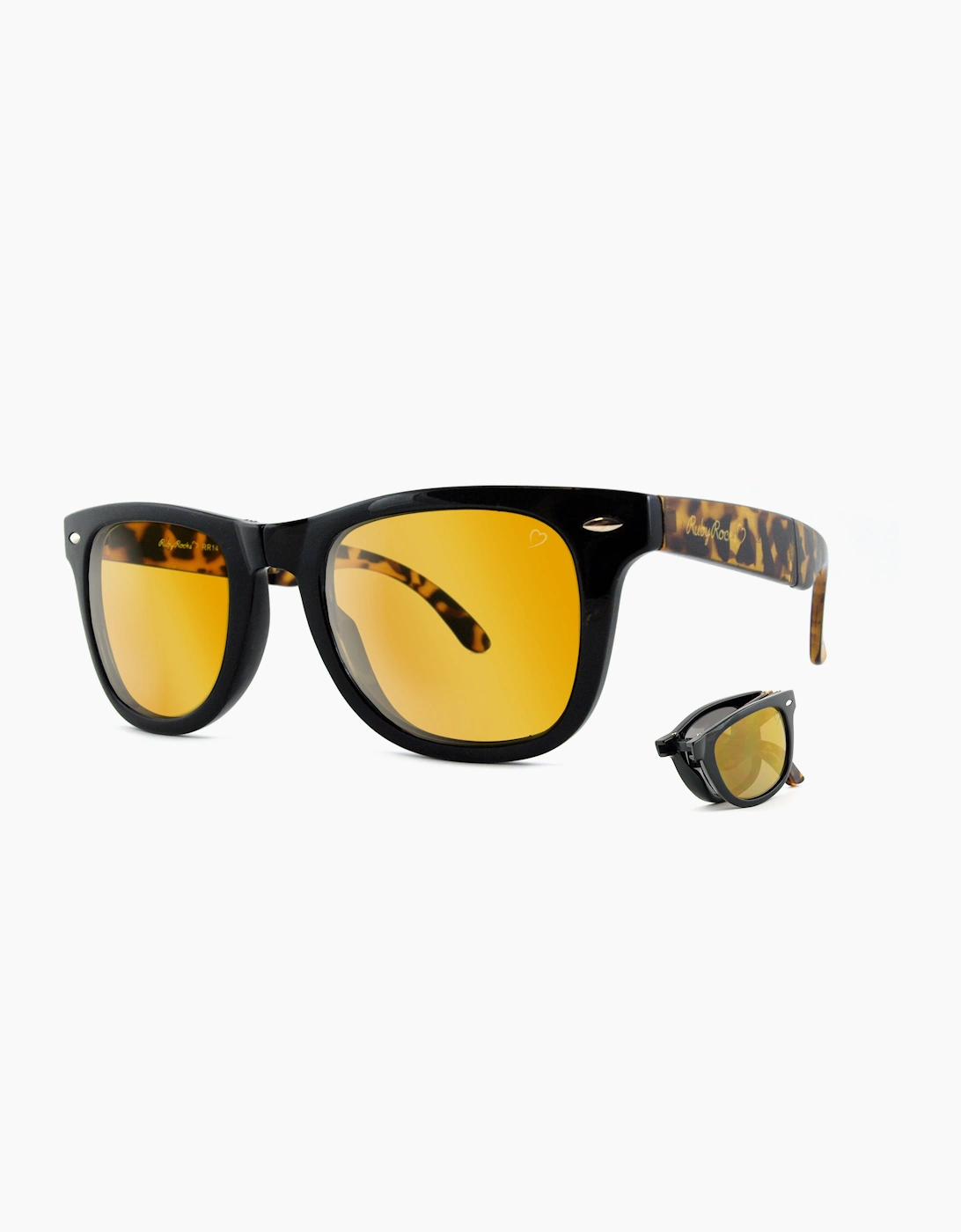 Agent Wayfarer style Folding Black and Tortoiseshell Frame and gold Lens Sunglasses RR14-2