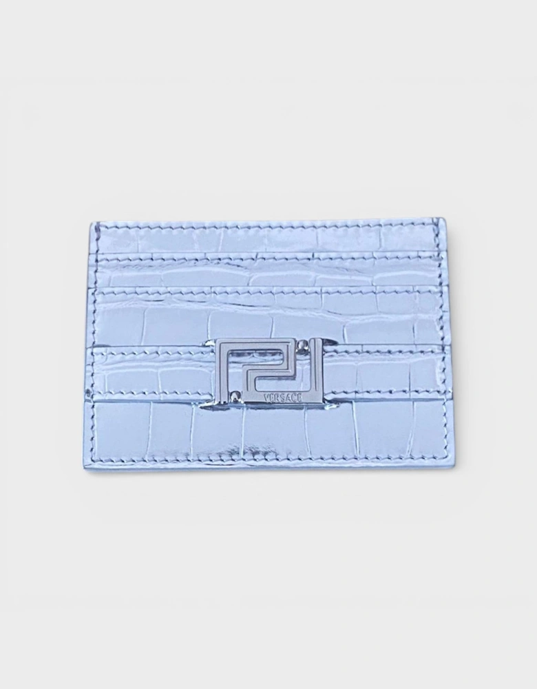 Logo Card Case Laminated Croco Silver Tone
