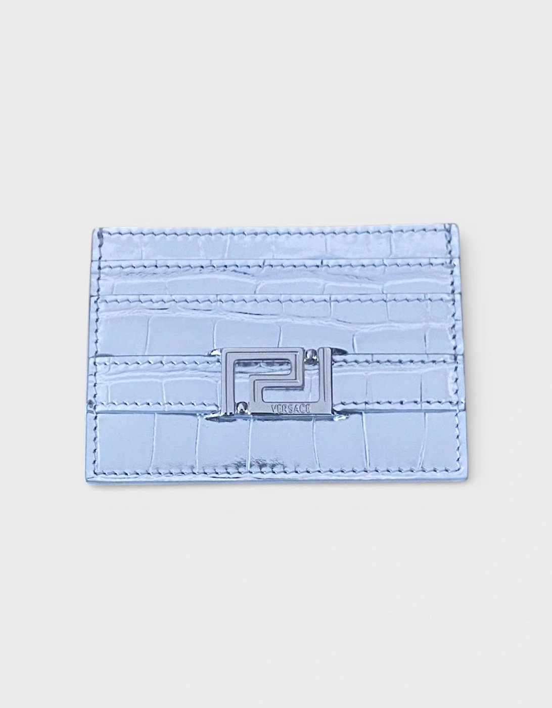 Versace Women's Blue Logo Card Case Laminated Croco Silver Tone - Size One Size,
