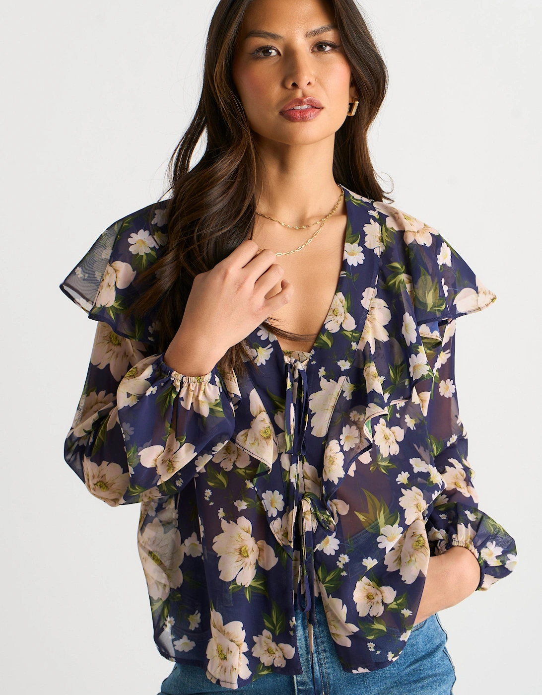 Gini London Women's Navy Elegant Floral Ruffle Shoulder Blouse - Size 14