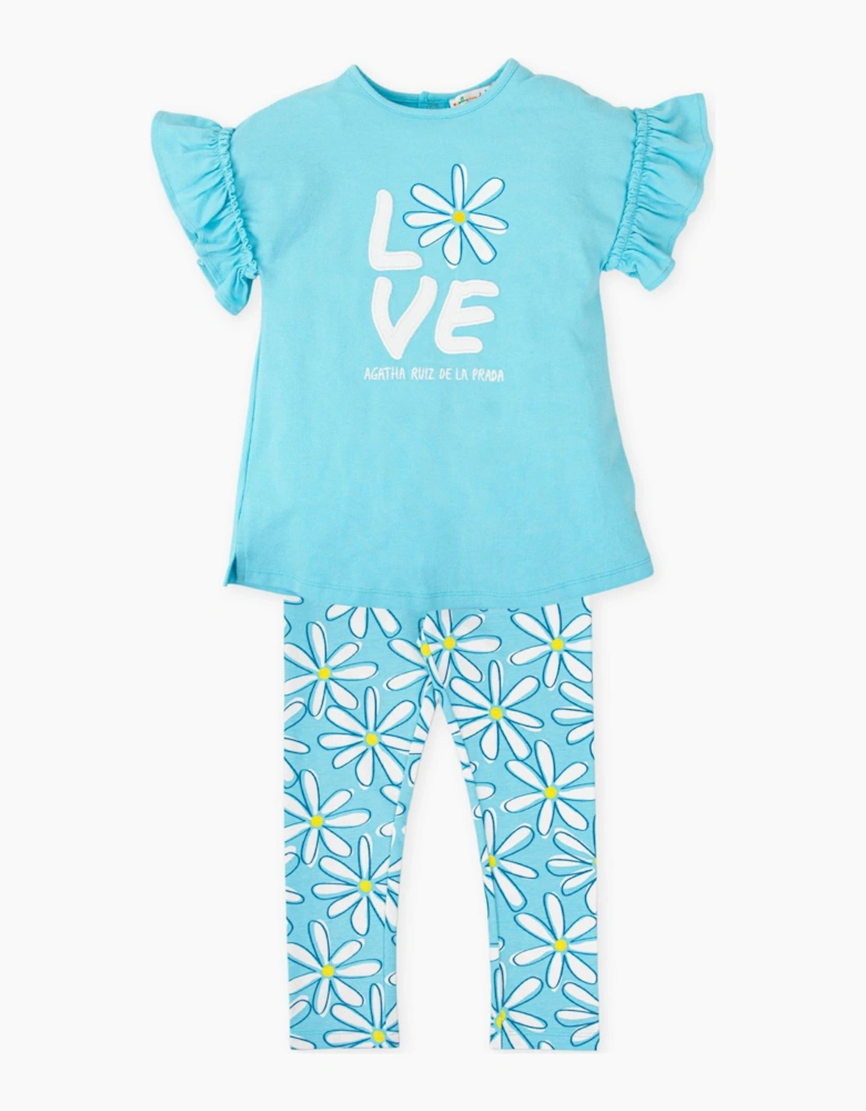 Girls Blue Daisy Flower Jersey Legging Set