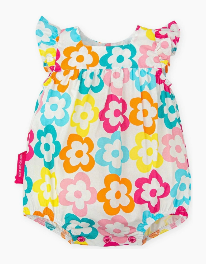Girls White Multicoloured Flower Cotton Bubble Romper