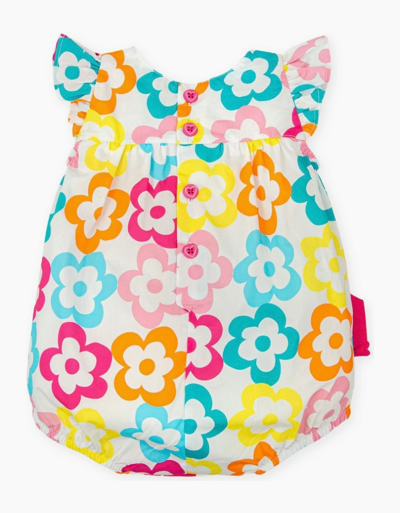 Girls White Multicoloured Flower Cotton Bubble Romper