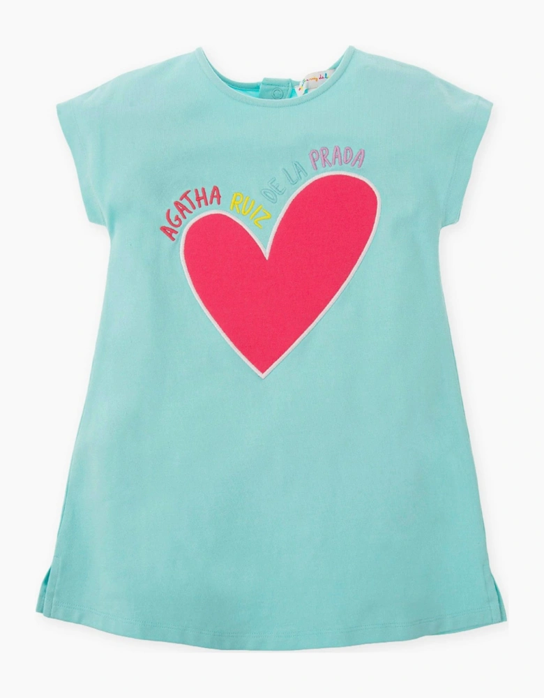 Girls Aqua Blue Heart Jersey Dress