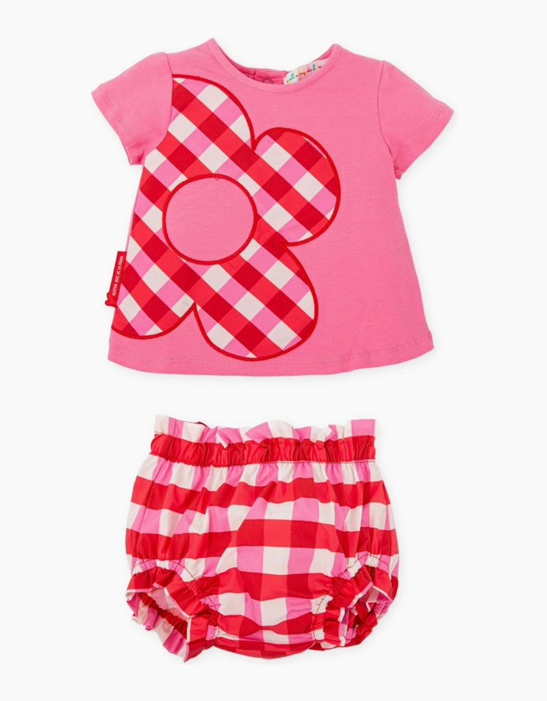 Girls Pink Gingham Flower Jam Pant Set