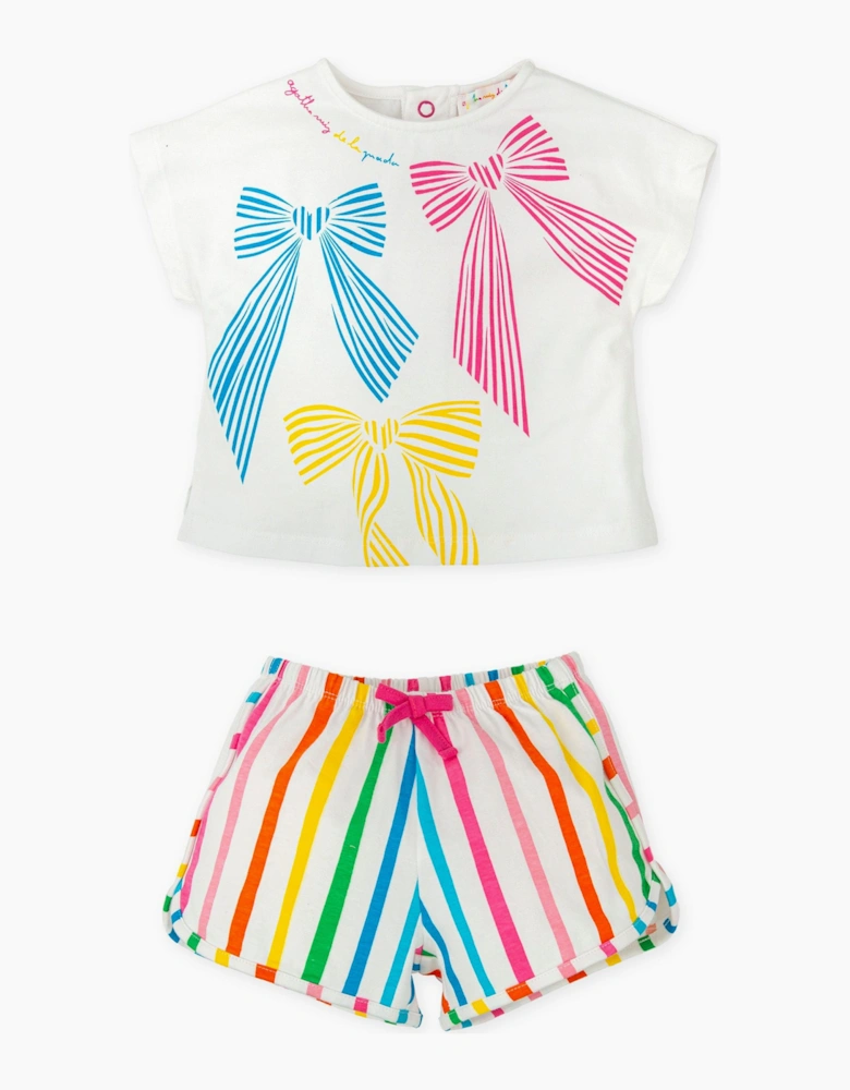 Girls White Multicoloured Jersey Bow Short Set