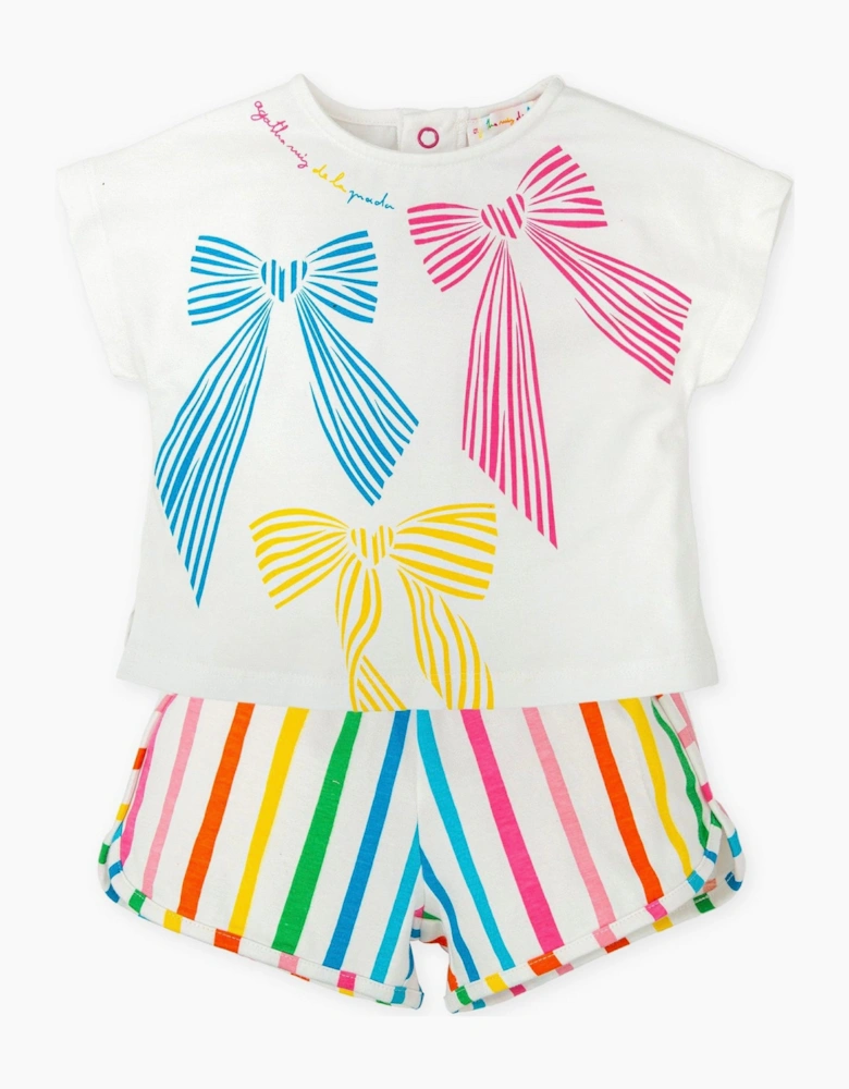 Girls White Multicoloured Jersey Bow Short Set