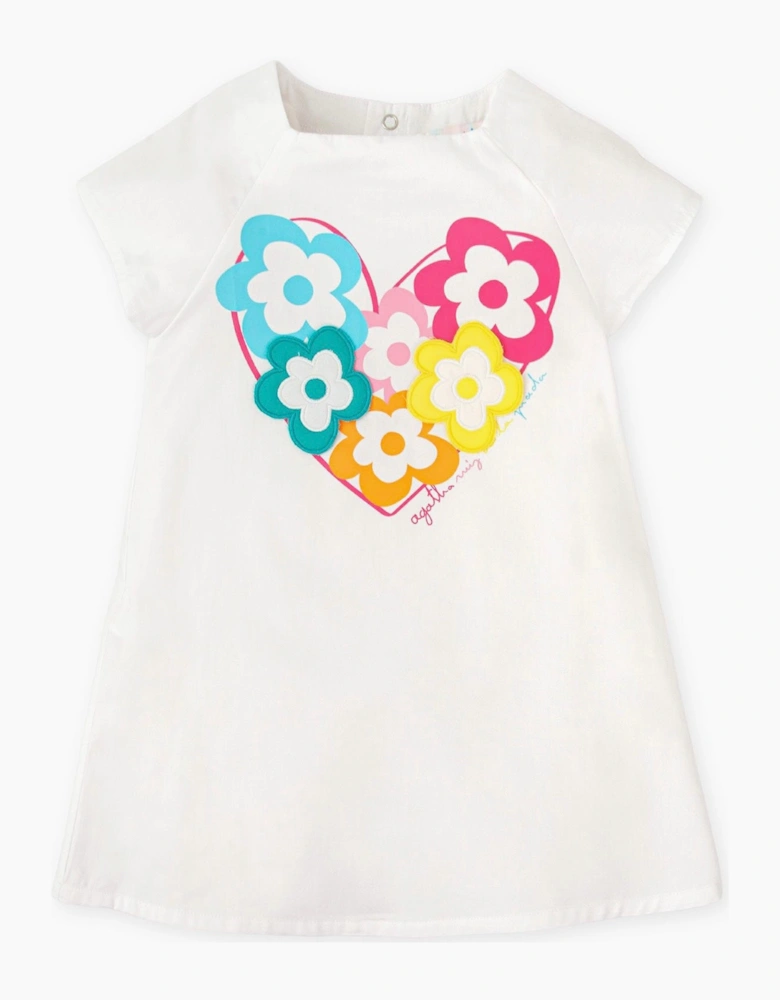Girls White Multicoloured Flower Cotton Dress